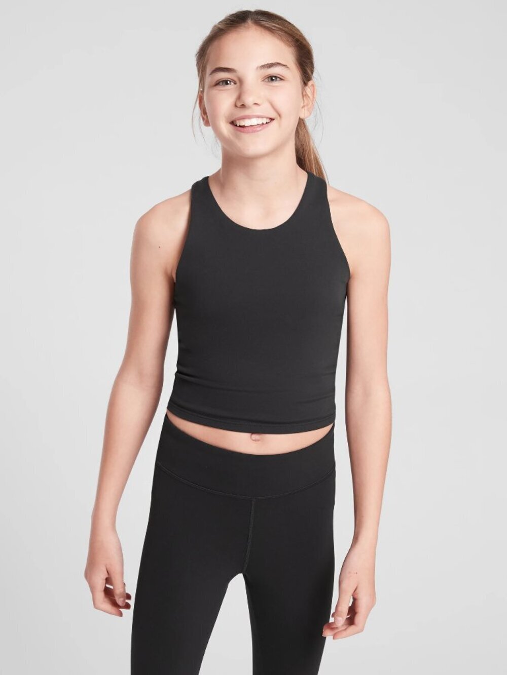 ATHLETA GIRL Long Distance Black Round Neck Long Line Sports Bra Tank, Size L/12